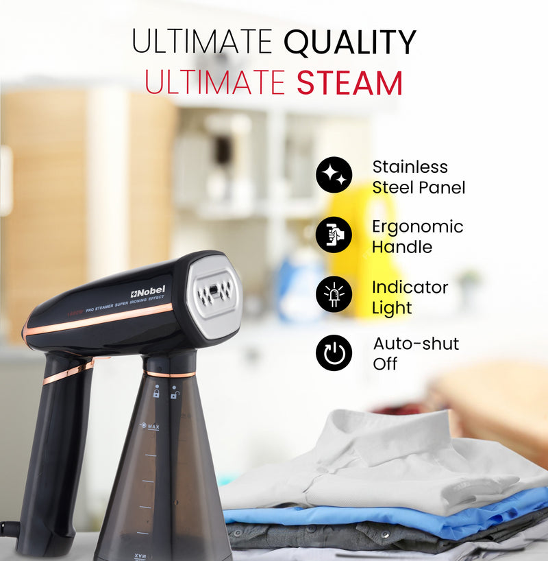 Nobel Steam Iron, Stainless Steel Panel, Detachable Water Tank, Steam Brush, 360° Rotational Swivel Handgrip, Pilot Light, Folded Handle, LED Indicator Lights, Auto-shut Off NSI33 Black-2