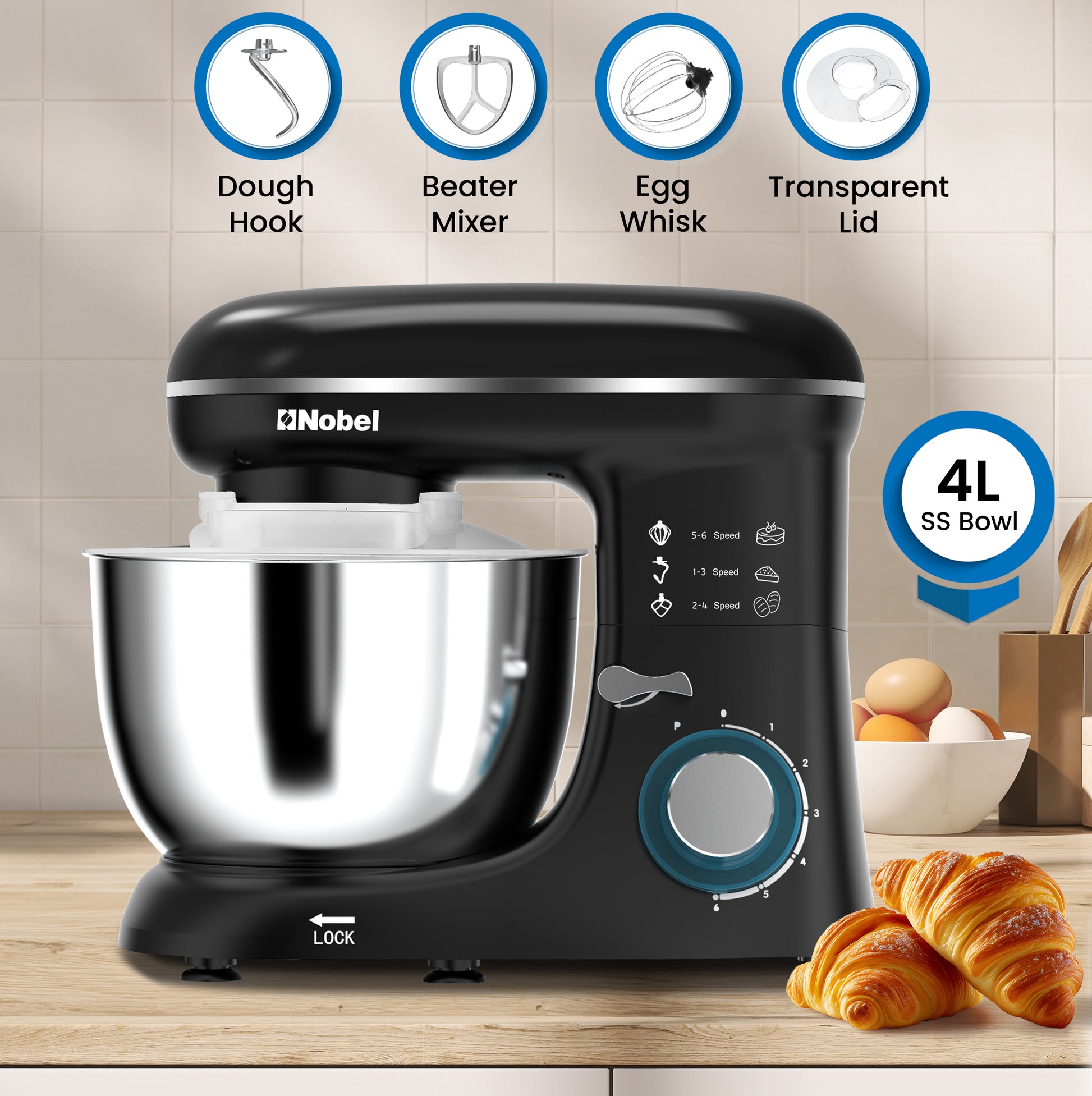 Nobel Stand Mixer, Full Metal Gear System, 4L Stainless Steel Bowl - 6 Speeds, LED, Safety Switch, Anti-slip Feet, 800W NBM60 Black-2