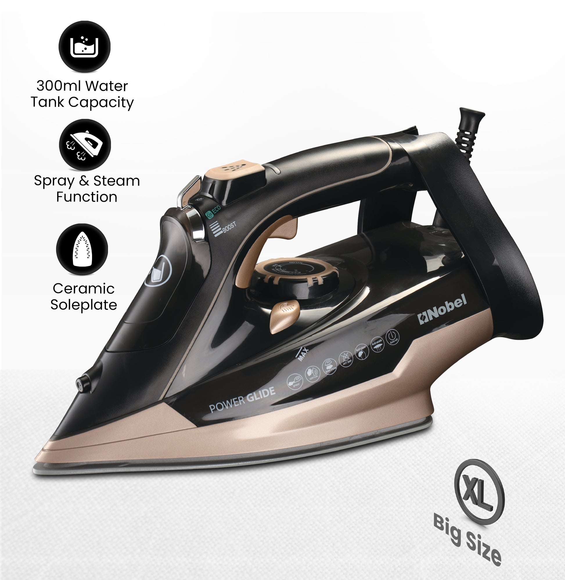 Nobel Steam Iron, Dry Ironing, Spray & Steam, 320ml Ceramic Sole Plate, Self-Cleaning, Powerful Burst & Vertical Steam, Adjustable Control, 360° Swivel Cord, Overheat Safety NSI35 Black-1