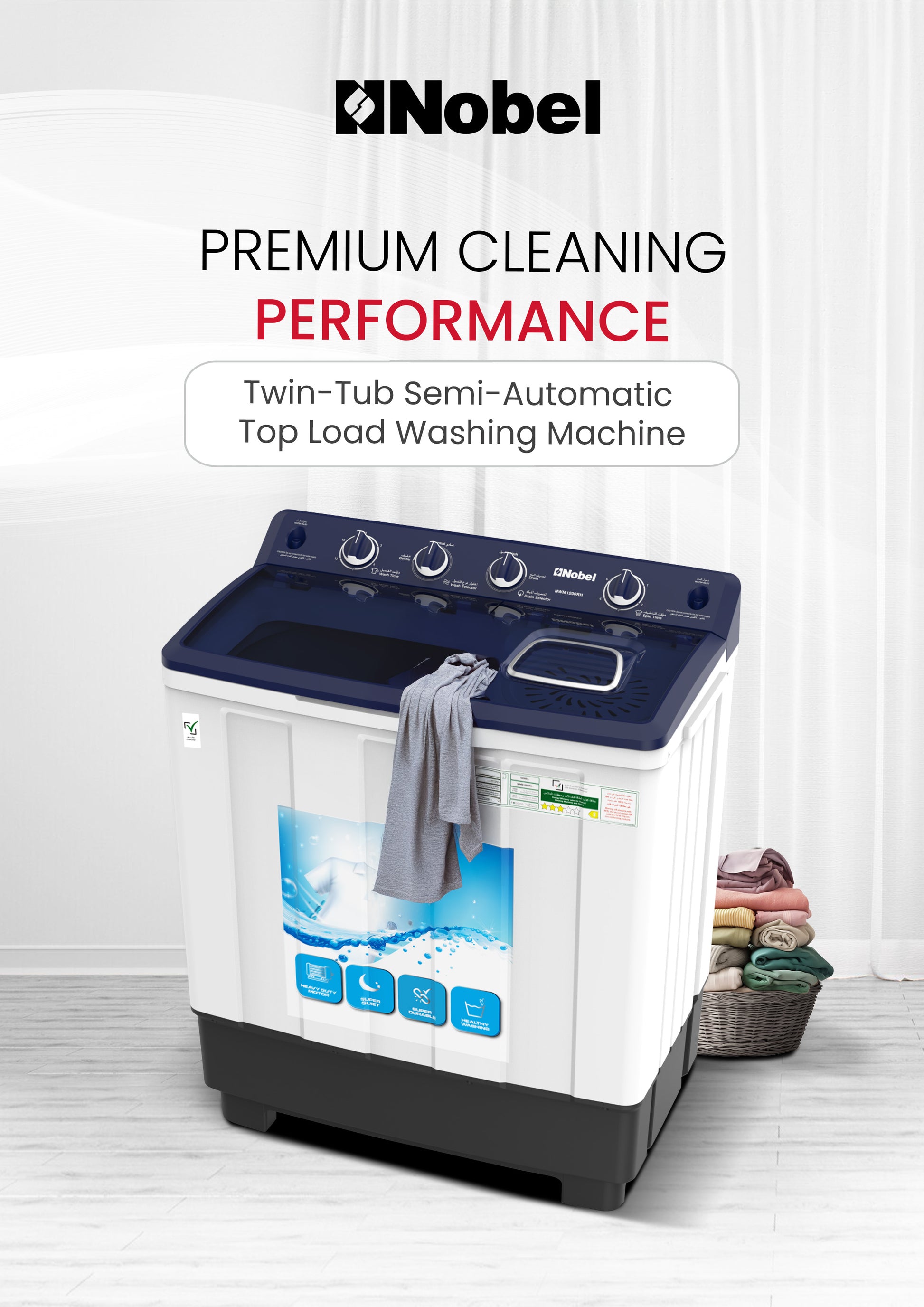 Nobel Semi-Automatic Washers Twin Tub White 10 Kgs/ 5.5 Kgs NWM1200RH-2