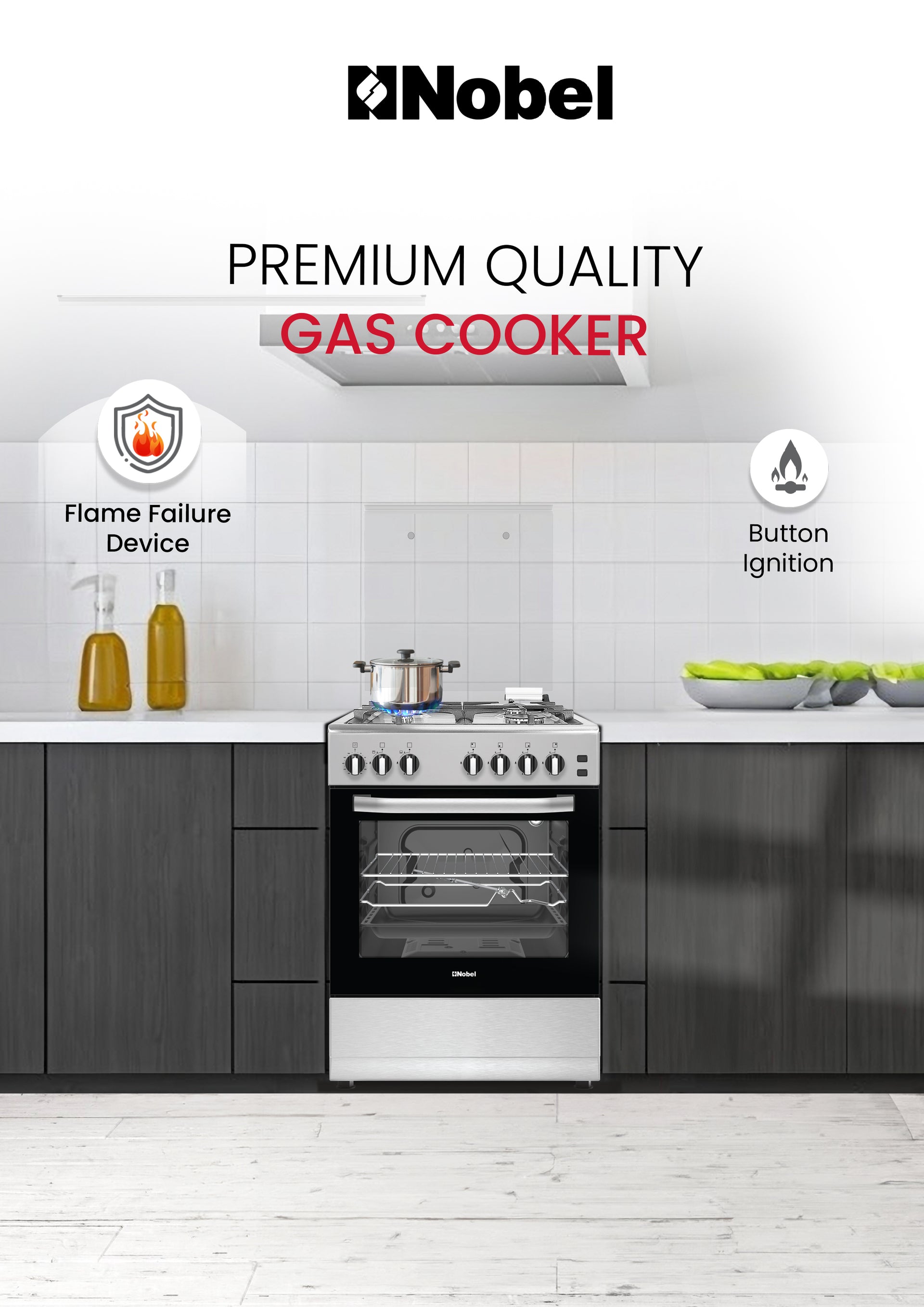 Nobel 60x60 Free Standing Gas Cooker with Gas Oven & Grill – 4 Gas Burners, Full Safety, Mechanical Timer, Rotisserie, Cast-Iron Pan Supports, Stainless Steel Finish – Made in Turkey NGC6062 Silver