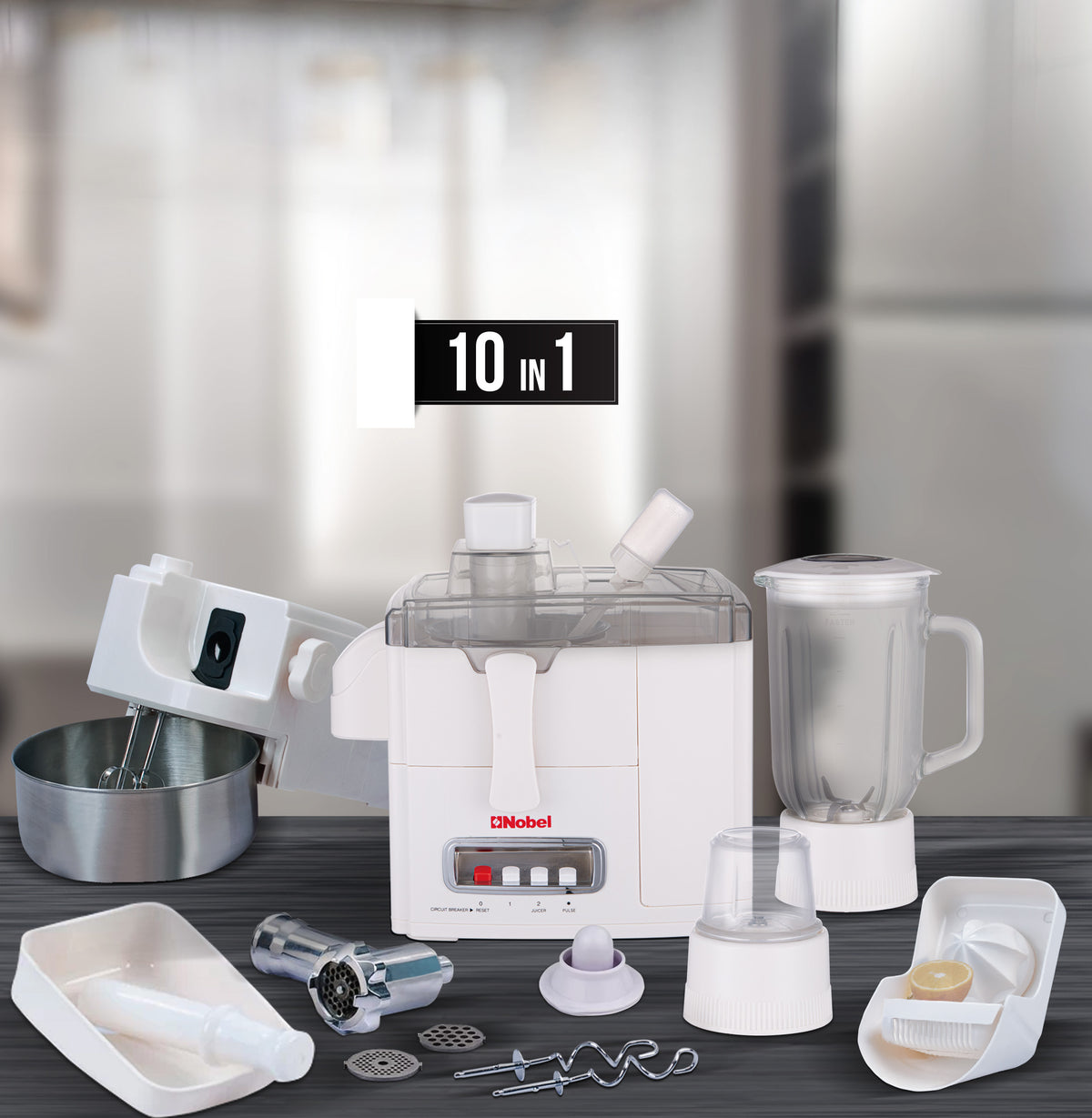 Nobel 10 in 1 Juicer Food Factory with 1 Litres Piano Switch Multi Speed Knob Switch and Citrus Juicer Kubbe Maker - NFP888 White