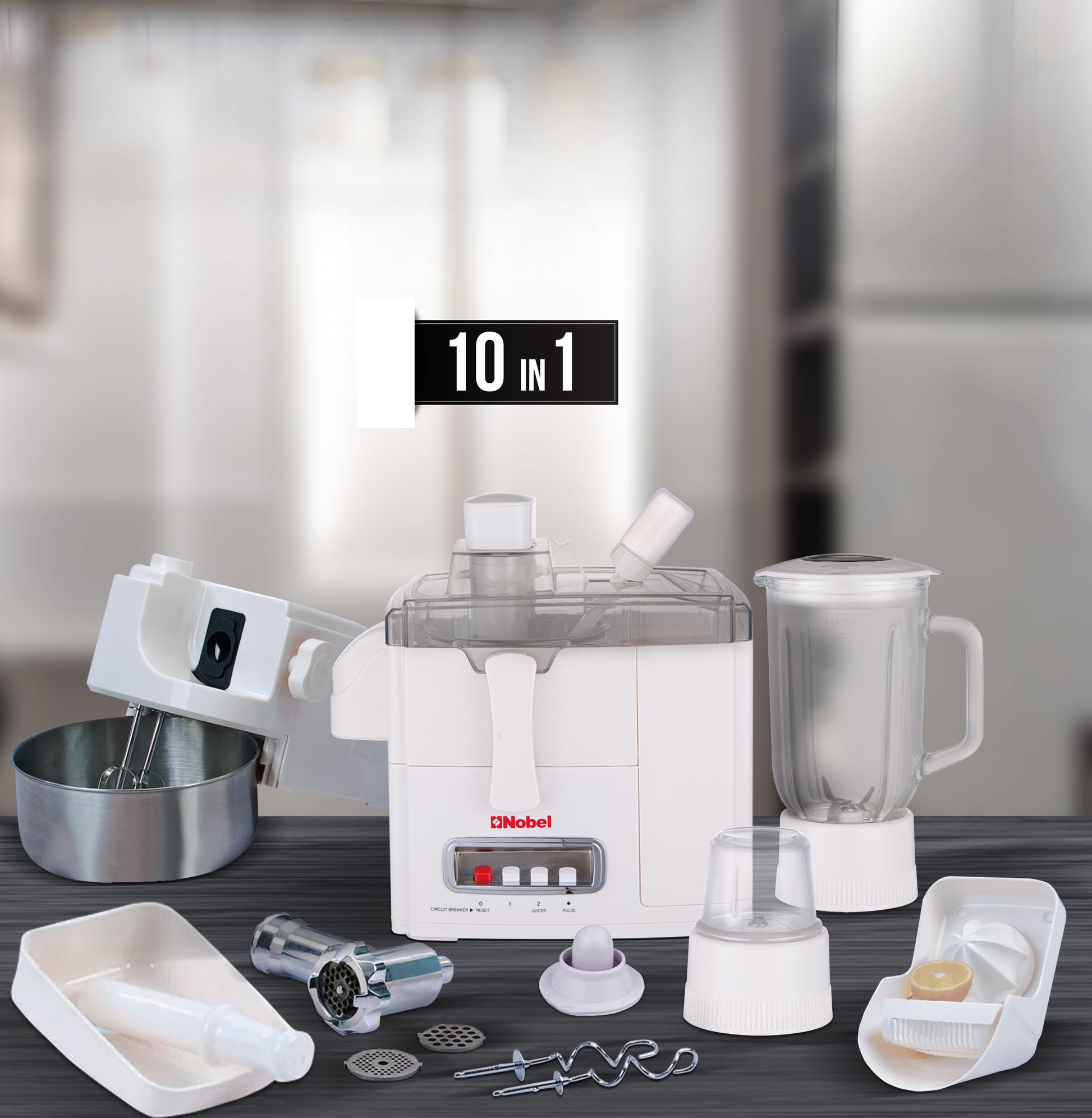 Nobel 10 in 1 Juicer Food Factory with 1 Litres Piano Switch Multi Speed Knob Switch and Citrus Juicer Kubbe Maker - NFP888 White-2