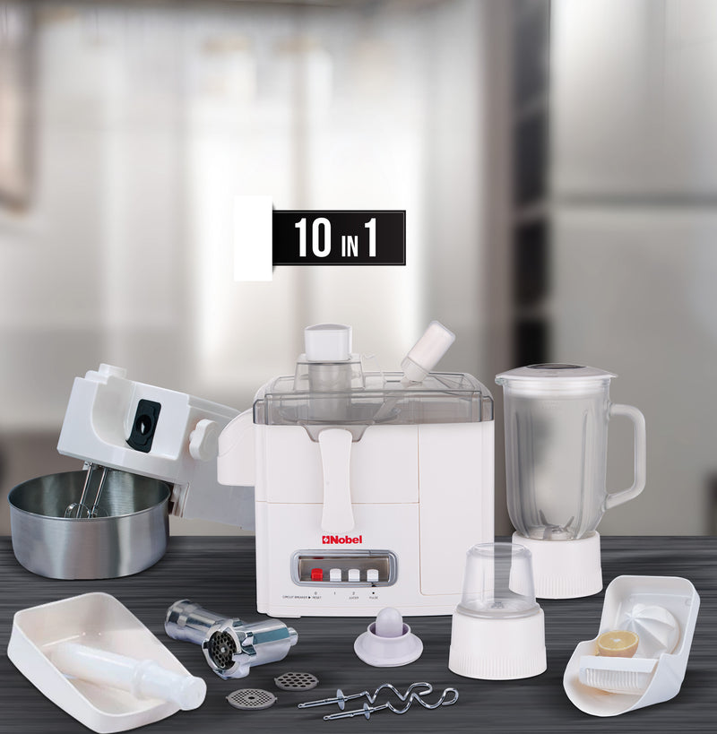 Nobel 10 in 1 Juicer Food Factory with 1 Litres Piano Switch Multi Speed Knob Switch and Citrus Juicer Kubbe Maker - NFP888 White-2