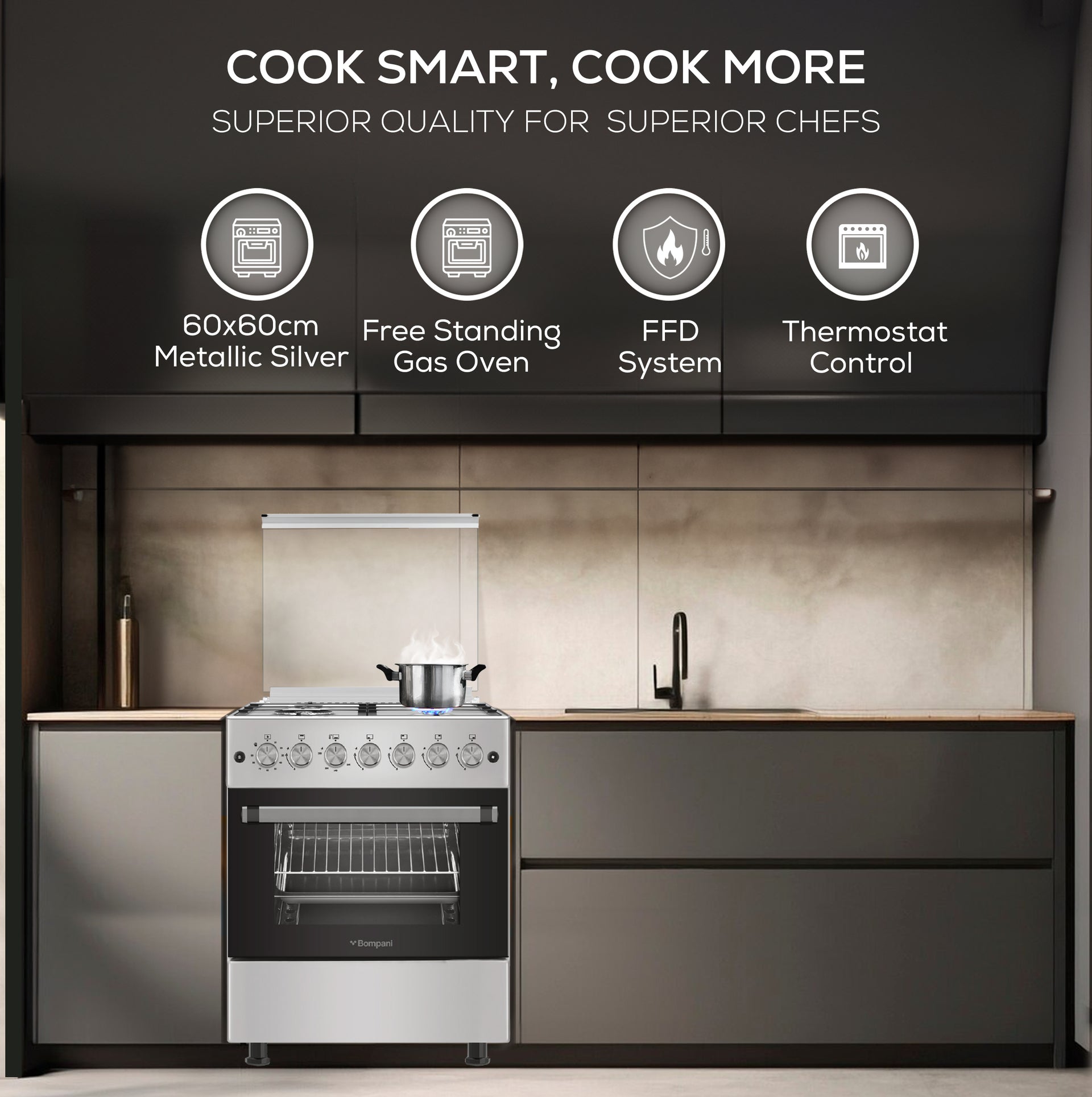 Bompani Gas Cooking range 60X60 Cm Full Safety,4 Gas Burners, Mechanical Timer - BO613YAL