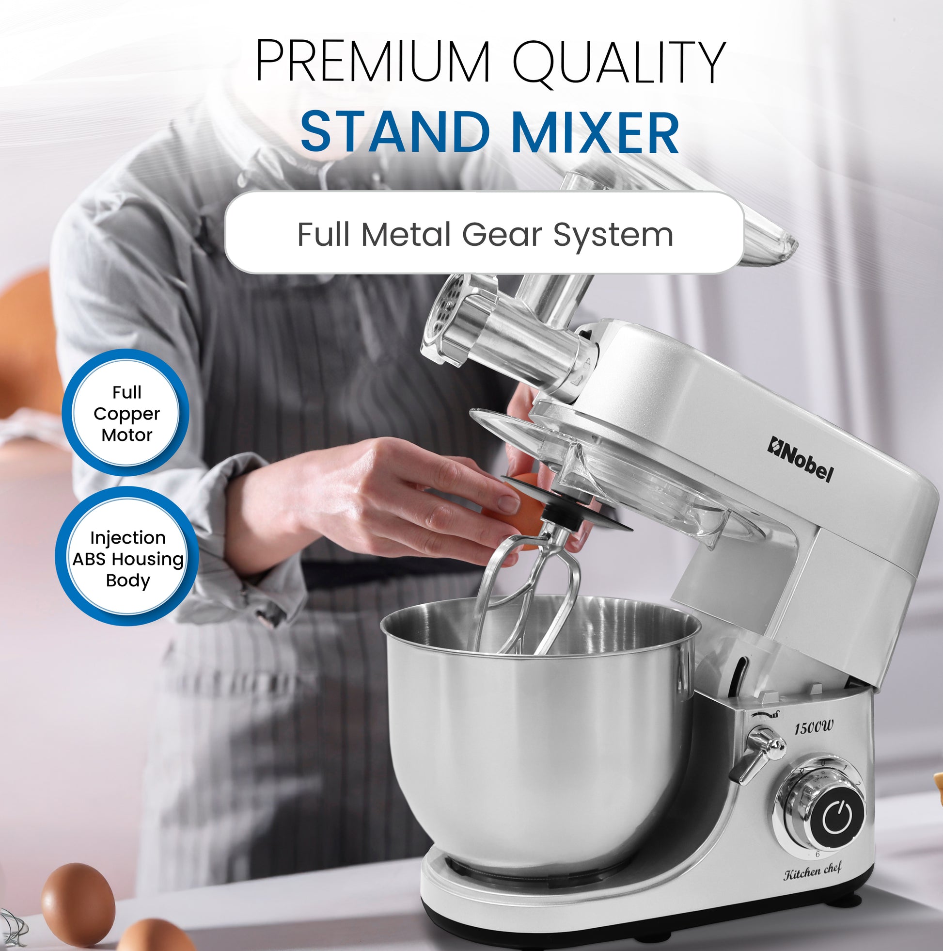 Nobel 3 in 1 Food Processor Multifunctional Stand Mixer with 7.0 L Stainless Steel Bowl & 1.5L Juicer Blender with 6 Speeds For A Variety Of Mixing Tasks NBM100S Silver-2