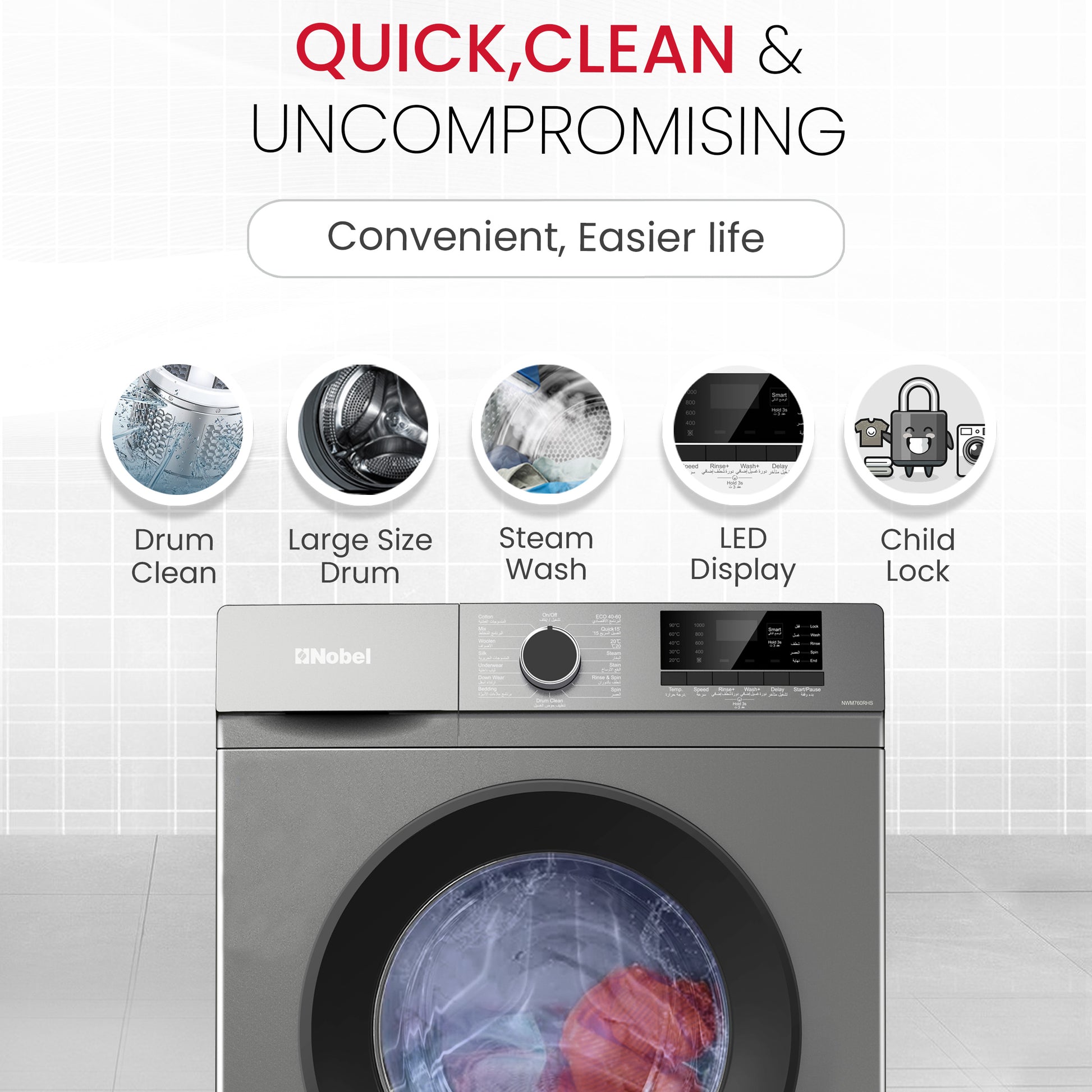 Nobel Dark Silver Front Load Washer: 6 Kg Capacity, 1000 RPM - NWM760RHS-3