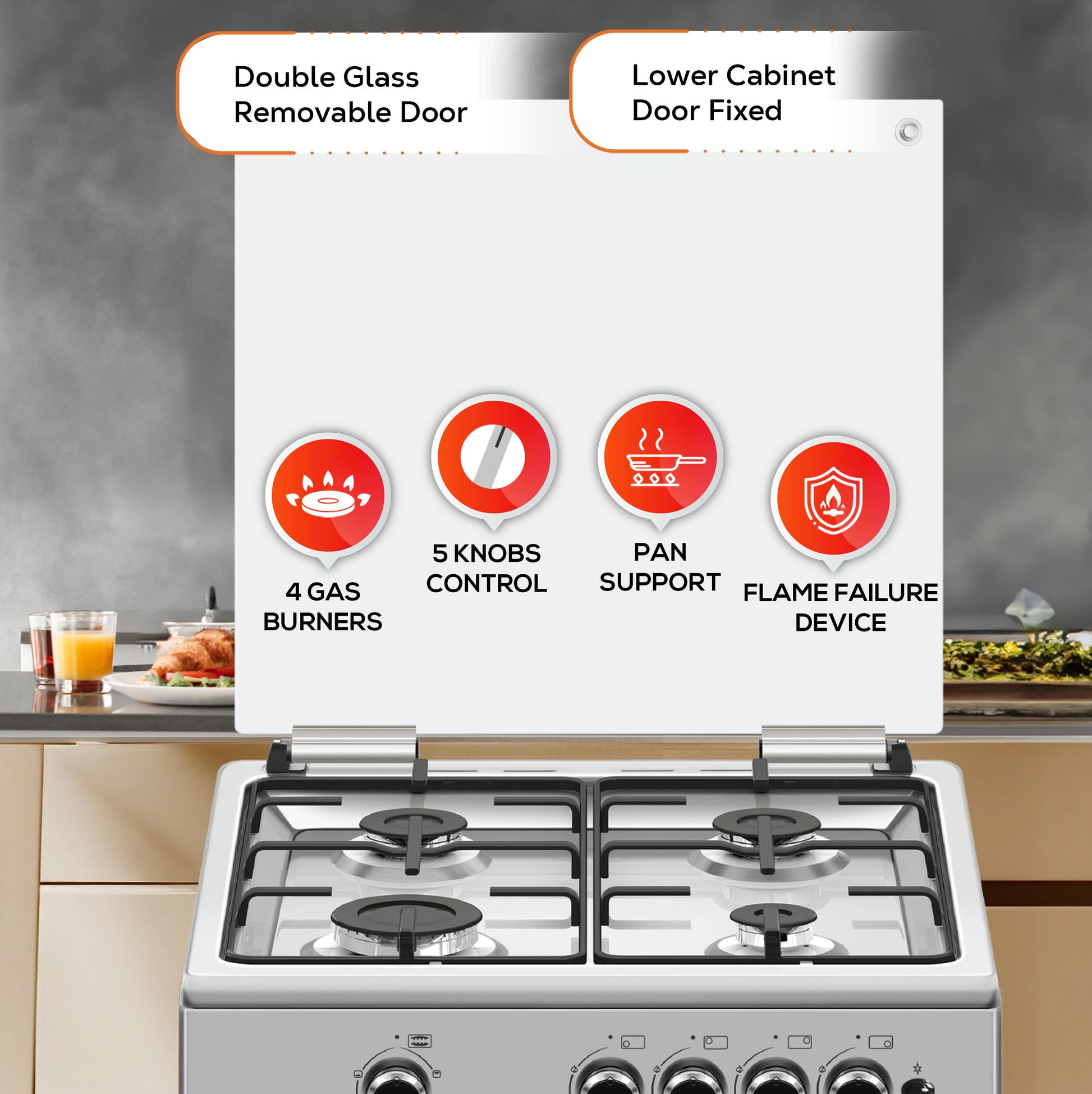 60x60 cm Gas Cooker with 72L Oven Cavity, 4 Gas Burners, Grill & Oven Burner - LMC6600-3