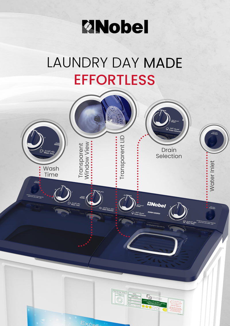 Nobel Semi-Automatic Washers Twin Tub White 10 Kgs/ 5.5 Kgs NWM1200RH-3