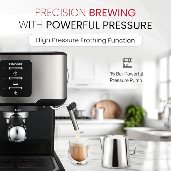Nobel Coffee Machine, 1.5L Detachable Water Tank, Dual Stainless Steel Filter, 15 Bar Pressure Pump, High Pressure Frothing, Overheat Protection, Adjustable Steam Knob NCM21 Black-3