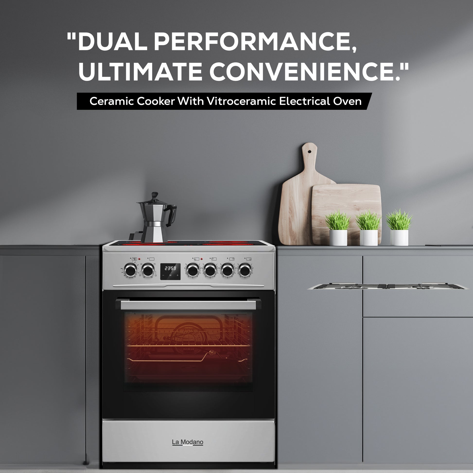 60x60 cm Vitroceramic Electric Cooker, 4 Highlight Ceramic Heaters, Free-Standing Oven, Turbo Fan, Double Glass Door - LMC60VT-3