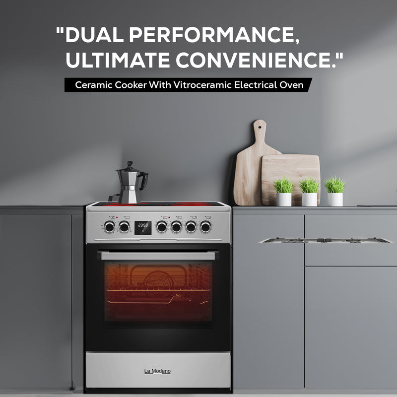 60x60 cm Vitroceramic Electric Cooker, 4 Highlight Ceramic Heaters, Free-Standing Oven, Turbo Fan, Double Glass Door - LMC60VT-3