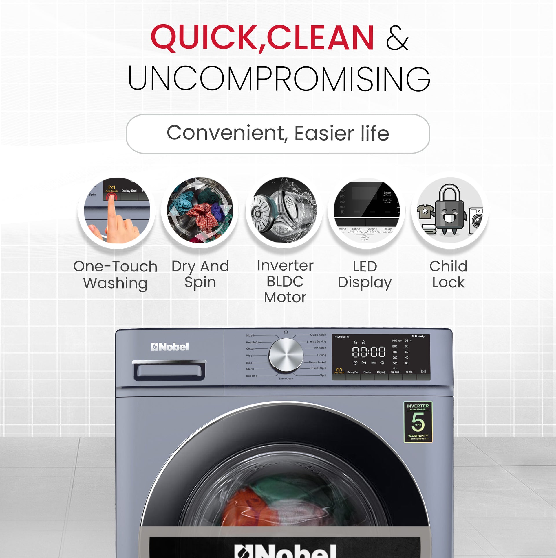 Nobel Washing Machine 8 KG 1400RPM 220-240V~ 50HZ NWM860FS