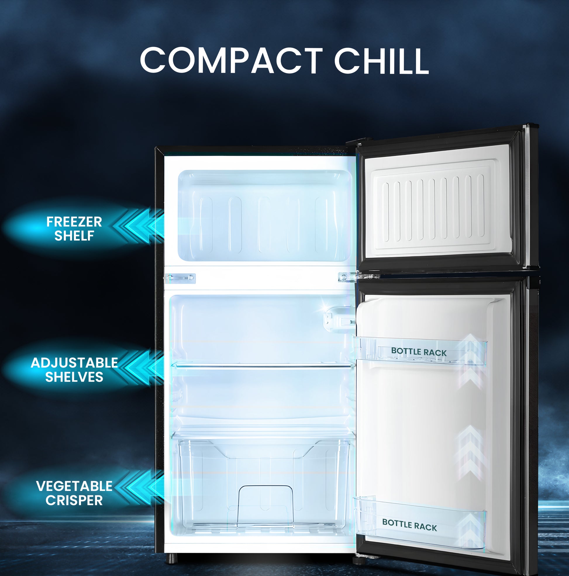 Nobel Double Door Refrigerator 125L Gross / 73L Net Compact Fridge with Vegetable Crisper, LED Light – NR125E-3