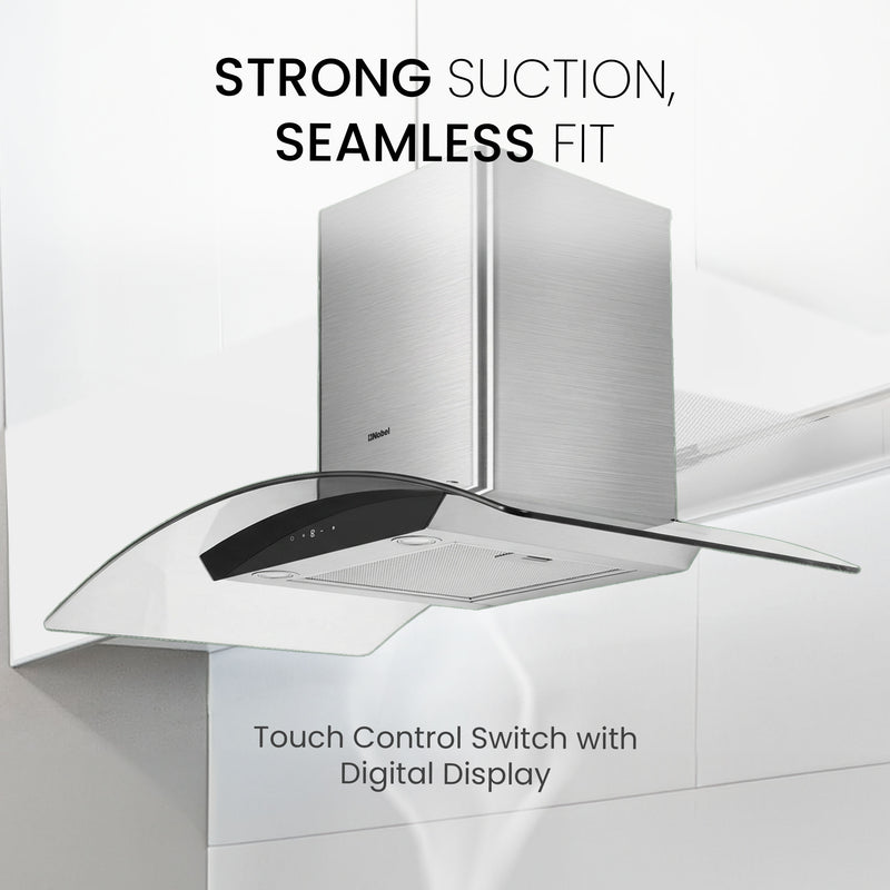 Nobel 60cm Built-in Hoods Touch Control Switch with Digital Display with 3 Speeds, Metal Motor House And Metal Fan, 750m3/h. 2x500 430SS Chimneys NCH60CG-3