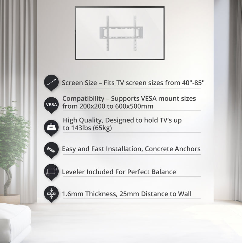 Bracket Pro Fixed TV Wall Mount, Black, for 40"-85" TVs, 200x200mm to 600x500mm VESA, 1.6mm Thickness, Easy Installation, Low-Profile Design - BPF4085 Black-2