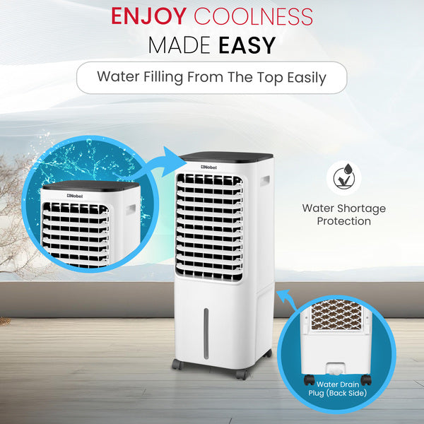Nobel Air Cooler, 12L Water Tank, 3-Speed, Ionizer, Remote Control, Auto Swing, 7.5H Timer, Honeycomb Cooling Pads,Tubular Flow Fan with Water Shortage Protection NAC40R White-3