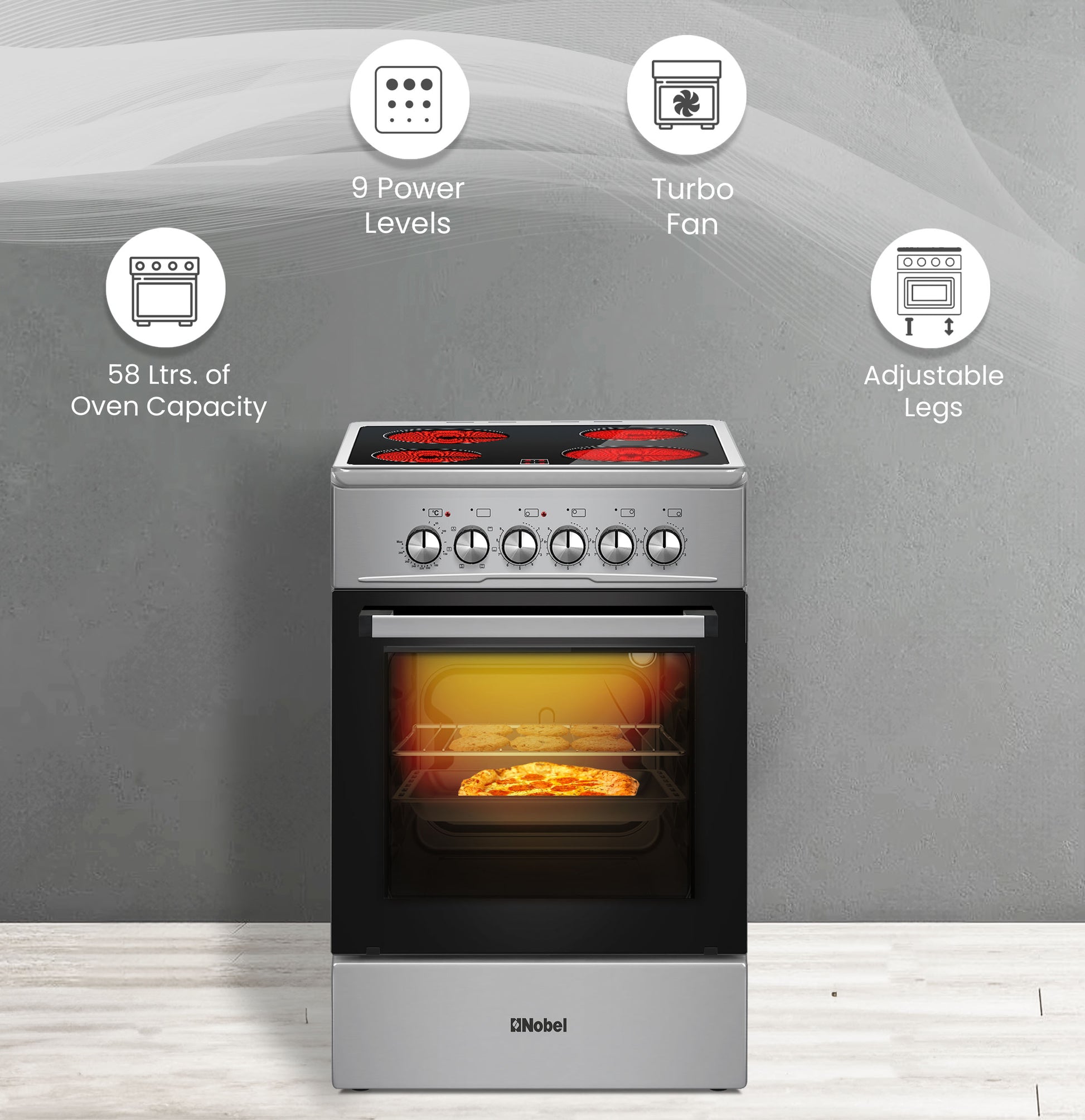 50×60cm Electric Cooking Range, 4-Zone Ceramic Hob, 58L Oven Capacity, 9 Power Levels, Thermostat Control,- NGC5060VT-3