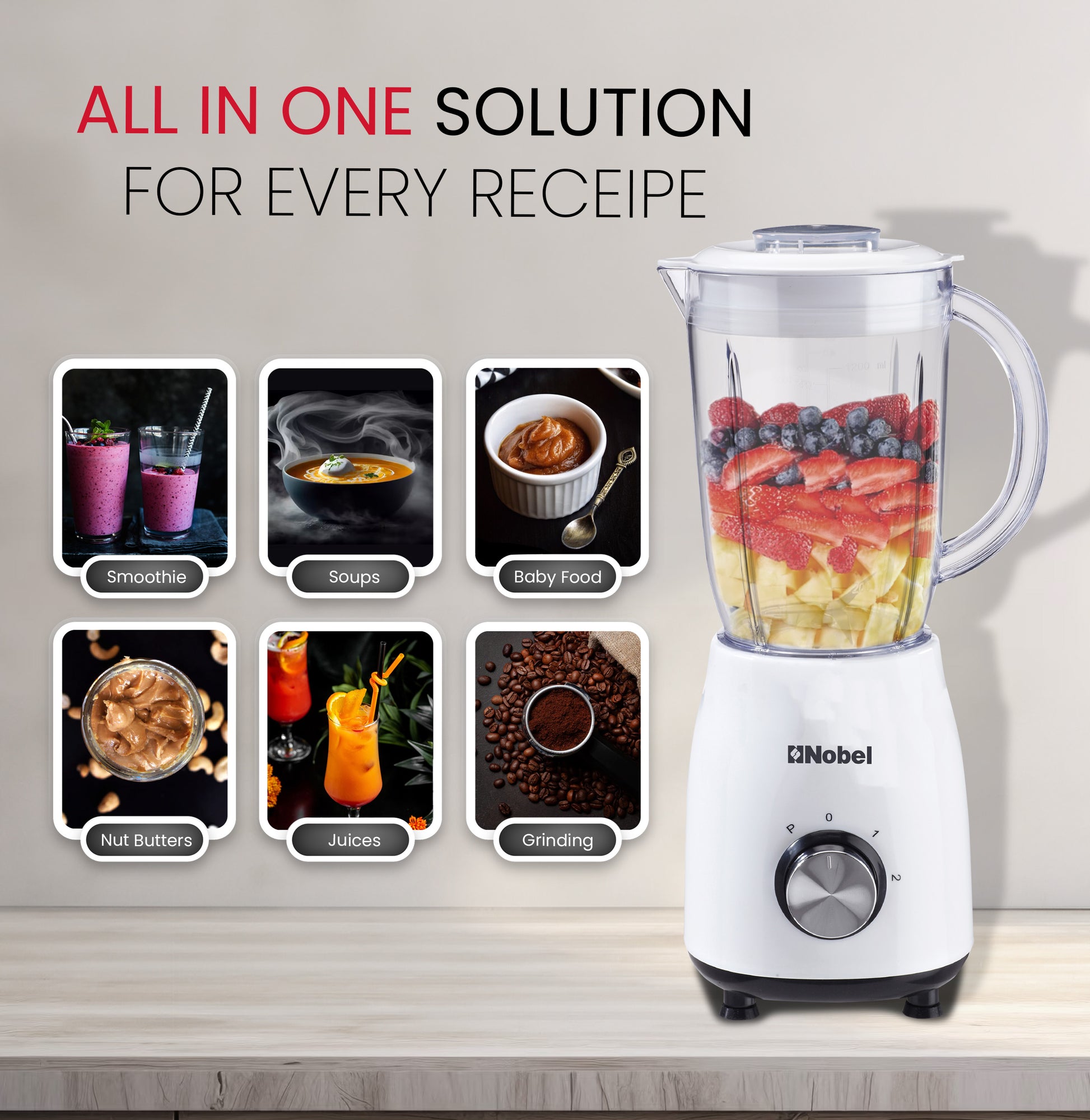 Nobel Blender White 1.2 Litres 350W Stainless Steel Blade NB112L-3