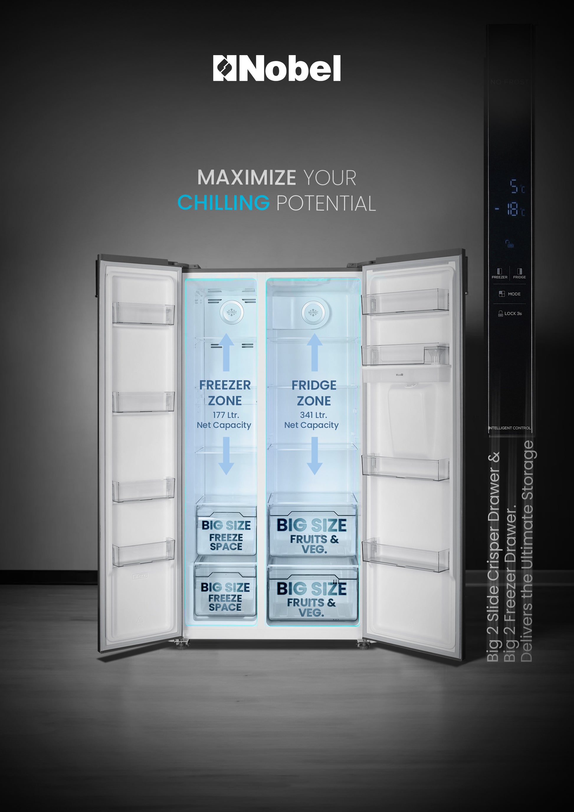 700L Gross / 518 Capacity Side by Side Refrigerator, NoFrost, with Water Dispenser, Twist Ice Maker, Digital Display - NR620WDI-3