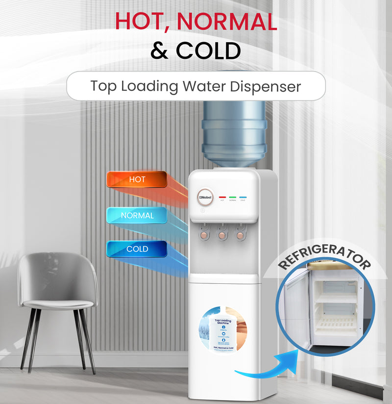 Nobel Freestanding 3 Tap Water Dispenser with Hot, Normal & Cold Taps, Refrigerator, 670W Power - NWD1608R White-3