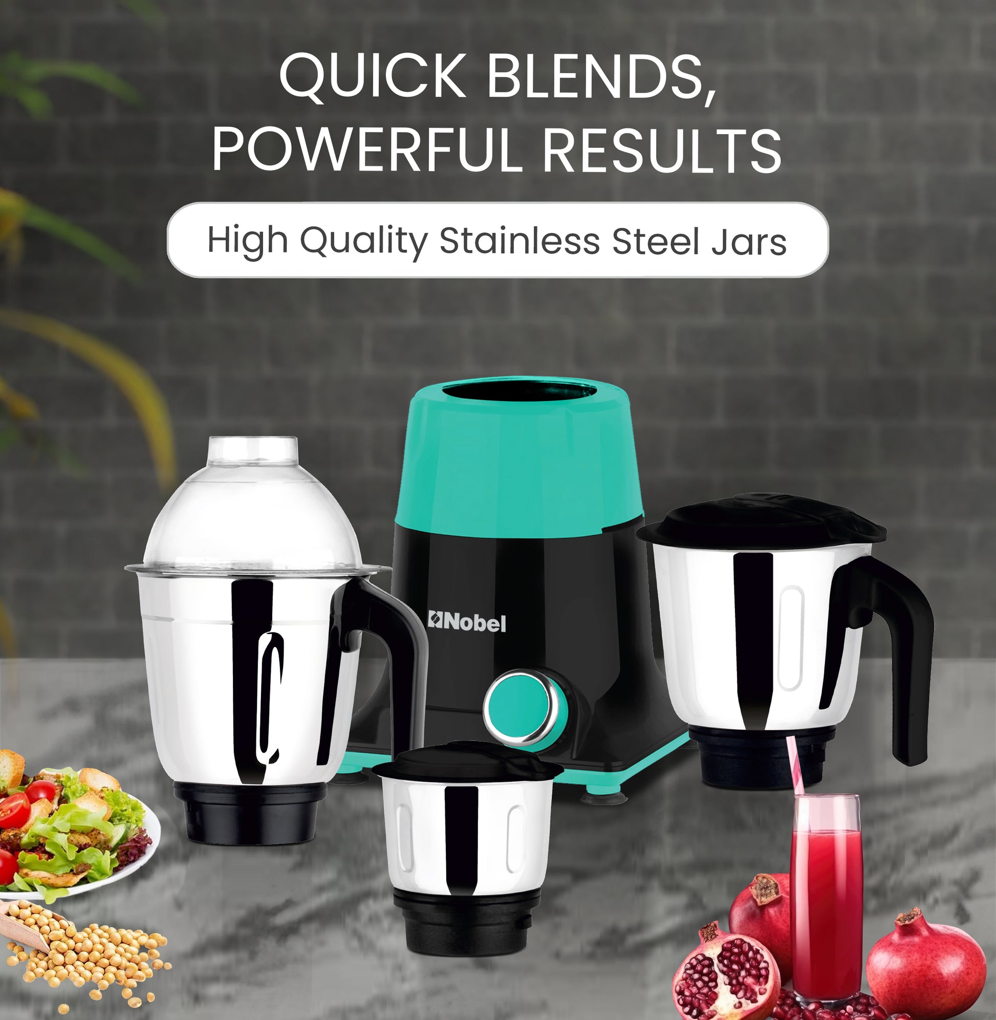 Nobel 3 in 1 Mixer Grinder, Powerful Motor, Wet Grinding Jar, Dry Grinding Jar, Chutney Jar, 3 Speed Control, Pulse Function, Stainless Steel Jars & Blades, Made in India NB301SS-3