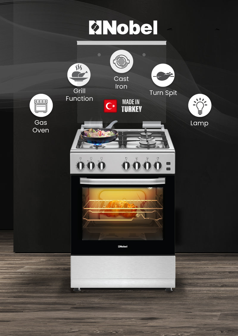 60x60 Free Standing Gas Cooker with Gas Oven & Grill 4 Gas Burners, Full Safety, Made in Turkey - NGC6062-3