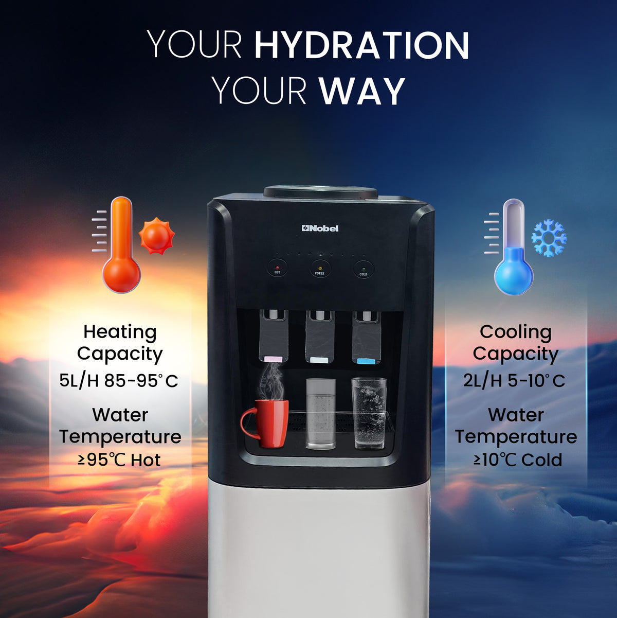 Nobel 3 Tap Top Load Water Dispenser Black and Silver NWD1607-3