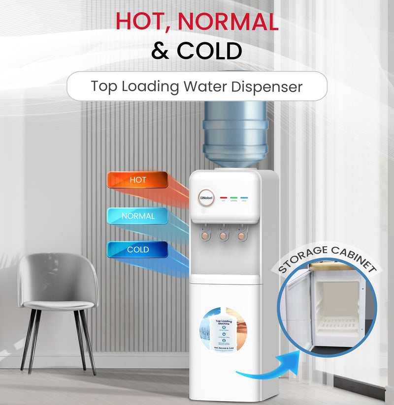 Nobel Freestanding 3 Taps Water Dispenser with Hot, Normal & Cold Taps, Compressor Cooling, Storage Cabinet - NWD1608 White-3