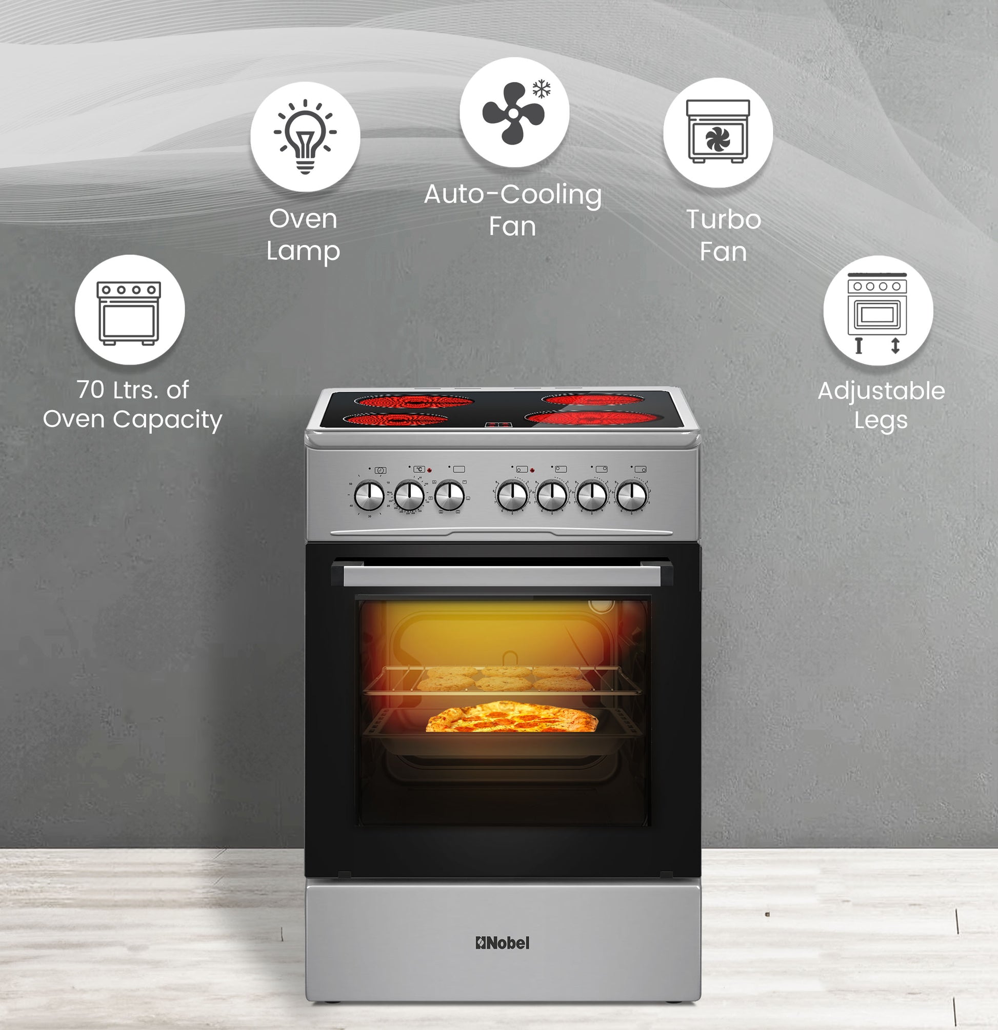 60x60cm Vitroceramic Cooking Range 4 Highlight Ceramic Heaters, 70L Electric Oven, 9 Power Levels, Turbo Fan, Mechanical Timer - NGC60VTI-3