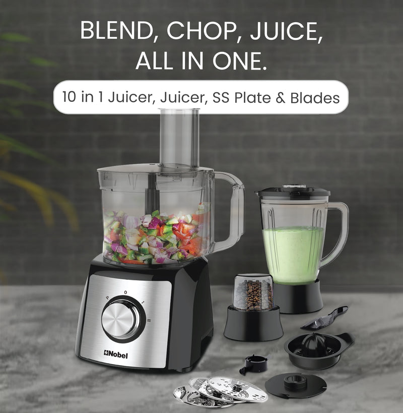 NOBEL 10 in 1 Juicer Food Factory 1.5 Litre 800W 2 Speed - Pulse 3 Cutting Plates Over Heat Protection Anti Slip Feet NFP777E Black with 1 Year Warranty-3