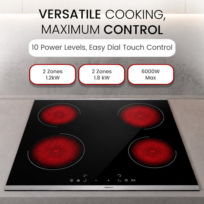 Nobel 60cm Built-in Hobs, Vitroceramic (Hilight), 4 Cooking Zones, 10 Power Levels, Touch Control, Child Safety Lock, Energy Saving, Heat Sensor, Quick Power Setting NBH6041V Black-4