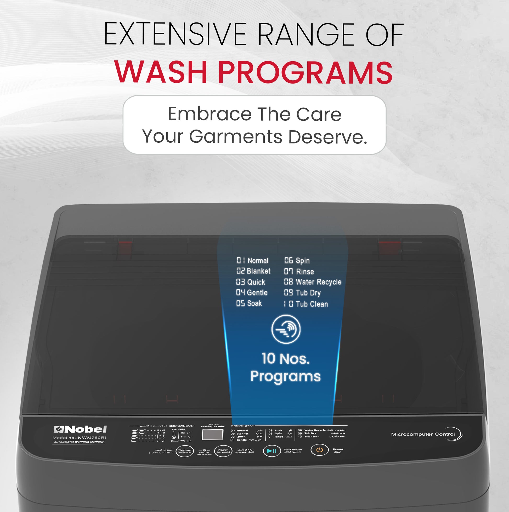 Top load washing machine 7 KG Capacity, Electronic Control, 12 Wash Programs - NWM750RI-3
