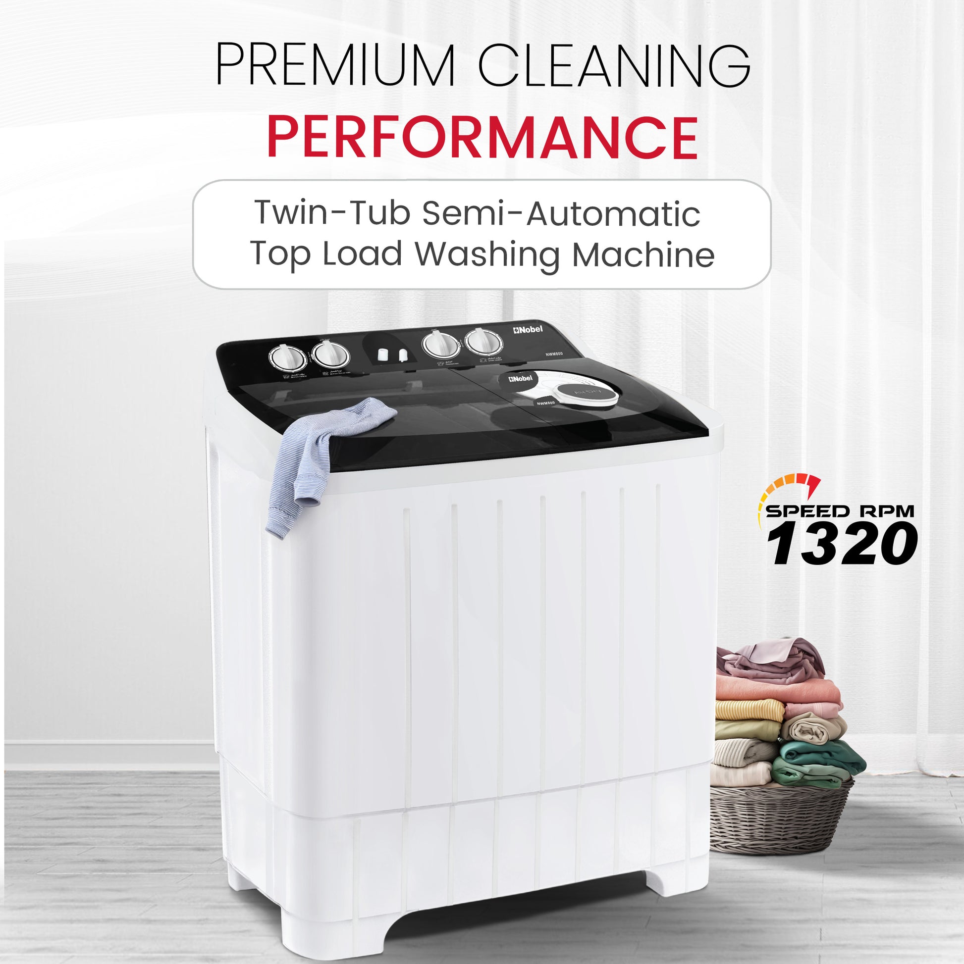 Semi-Automatic Twin Tub Washing Machine 7.0Kg Wash /5.5Kg Spin Capacity Efficient Washer - NWM800-3