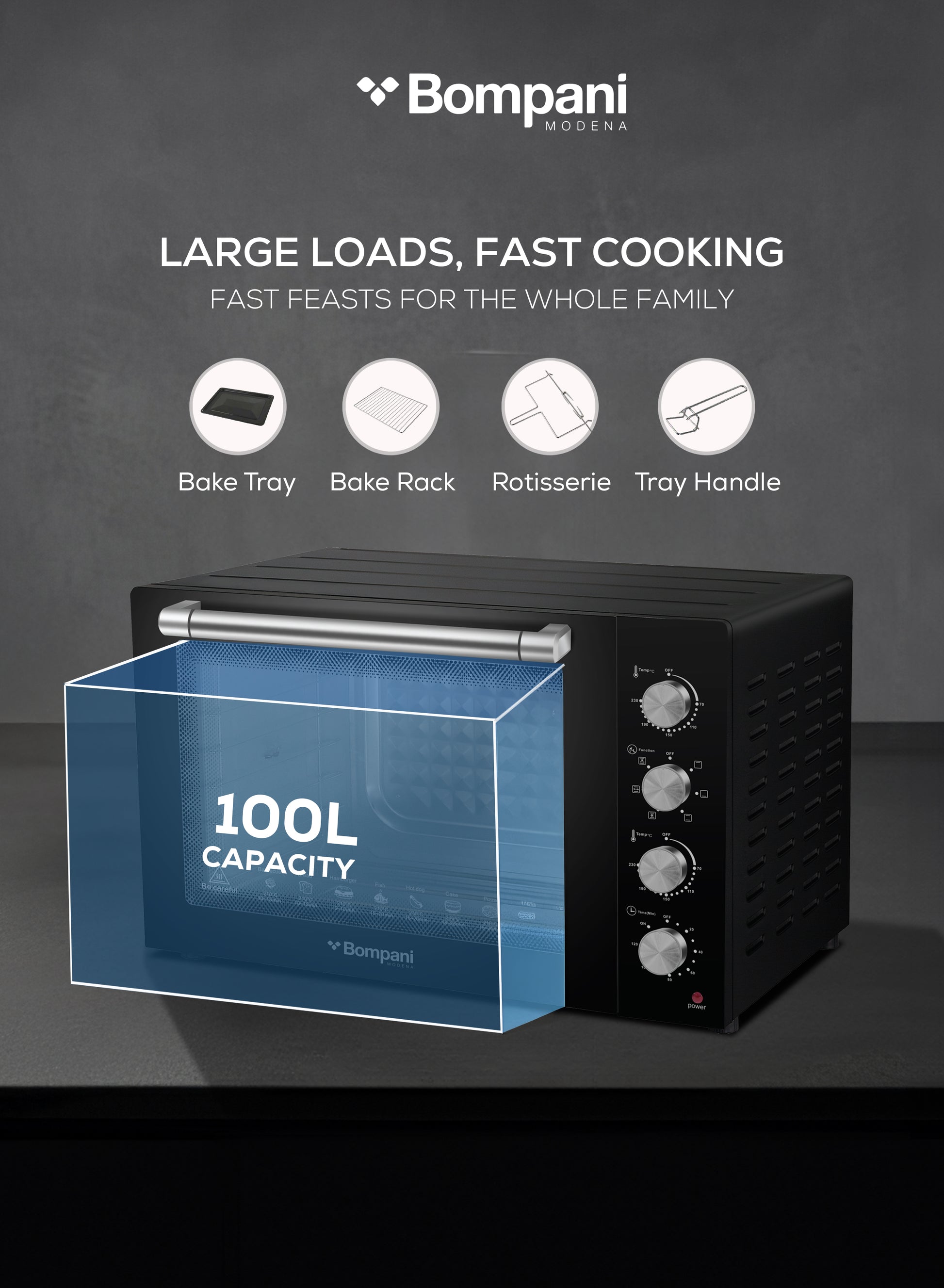 Bompani 100L Electric Oven 2800W Adjustable Thermostat & Timer, Convection, Lamp & Rotisserie, Double Glass Door, 4 Control Knobs, Straight & M-Shape Heating Elements – BEO120-3