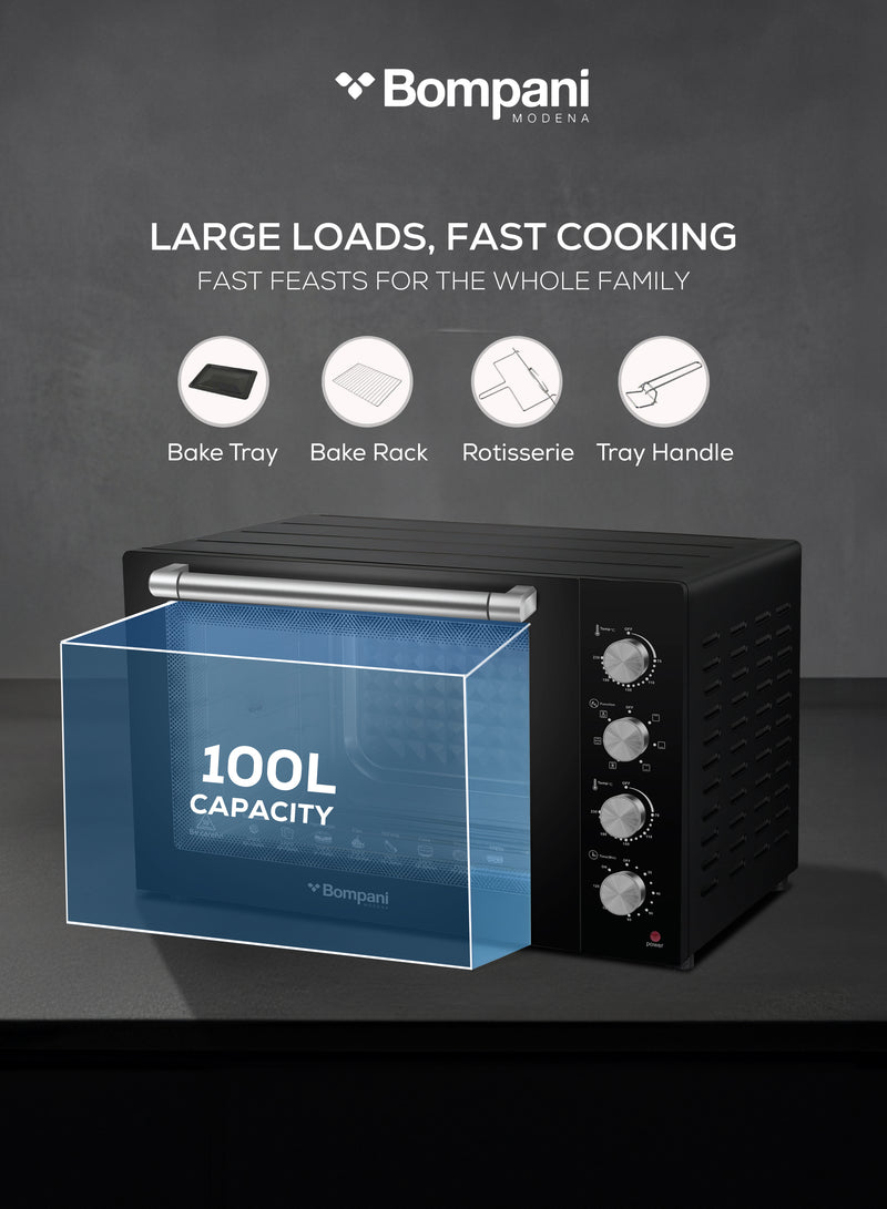 Bompani 100L Electric Oven 2800W Adjustable Thermostat & Timer, Convection, Lamp & Rotisserie, Double Glass Door, 4 Control Knobs, Straight & M-Shape Heating Elements – BEO120-3