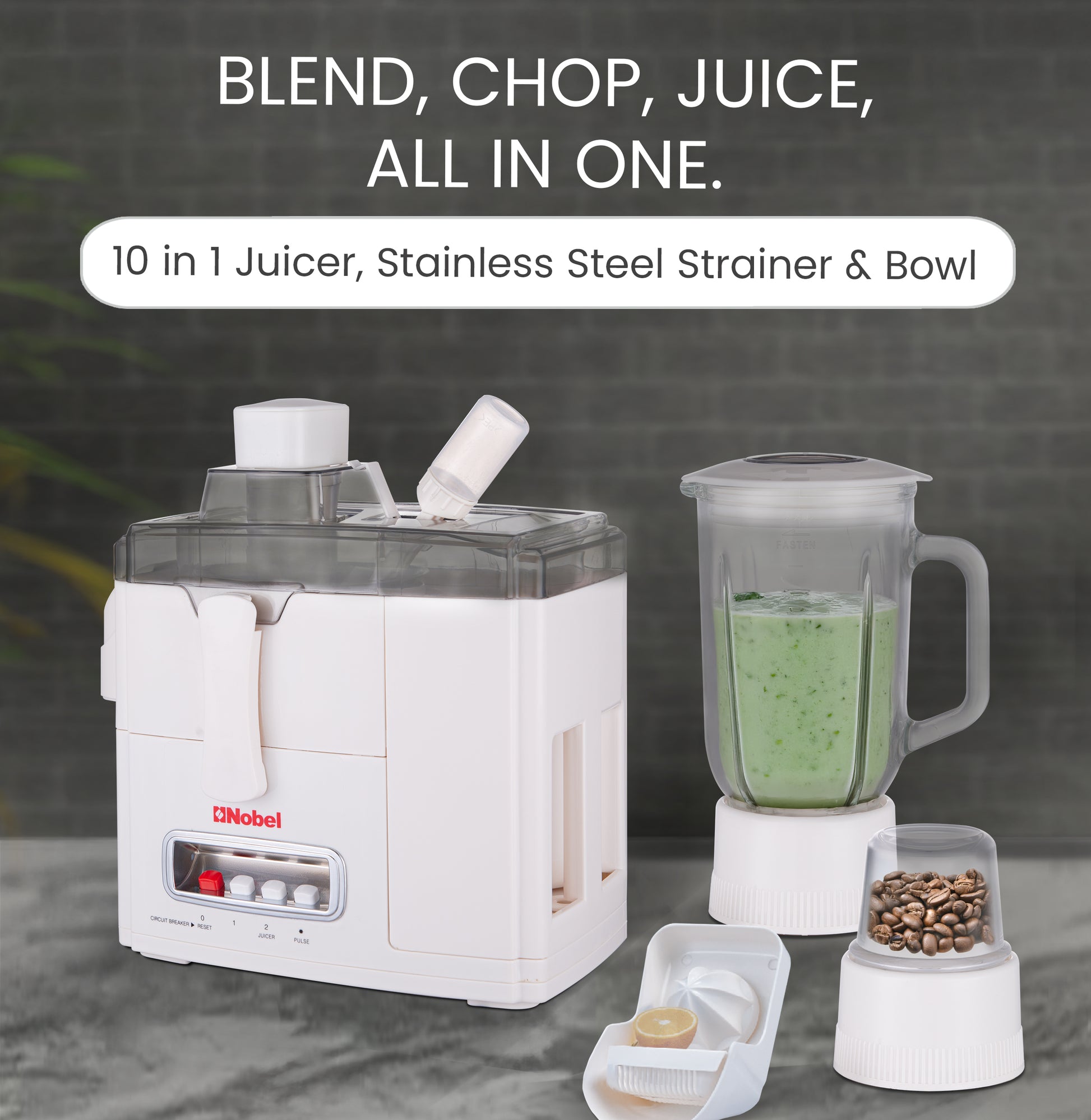 Nobel 10 in 1 Juicer Food Factory with 1 Litres Piano Switch Multi Speed Knob Switch and Citrus Juicer Kubbe Maker - NFP888 White-3