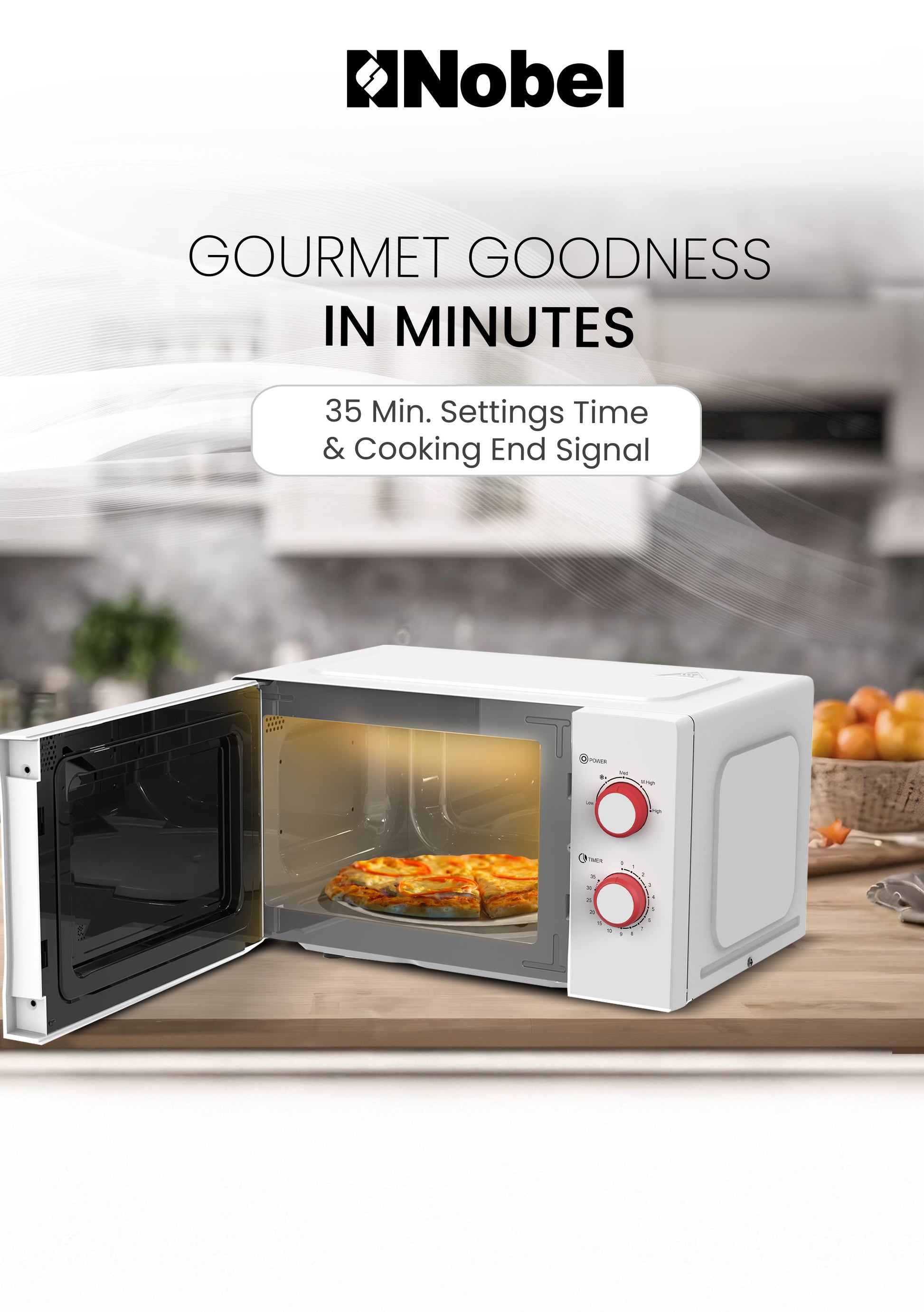 Nobel 20 Liters Capacity Microwave Oven, Knobs Control, 35mins Setting Time, 5 Power Levels, Cooking End Signal, Defrost Setting with 1Year Warranty NMO22M White-3