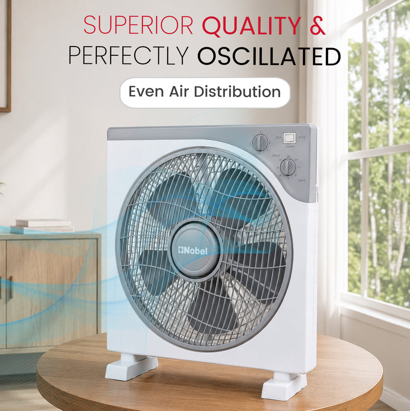 Nobel 12" Blade Box Fan, 3 Speed, Oscillation, Copper Motor, 5 Polypropylene Blade, 60-Minute Timer, Strong Airflow, Quiet Operation, 1200 RPM, 60W NBF12 White-3