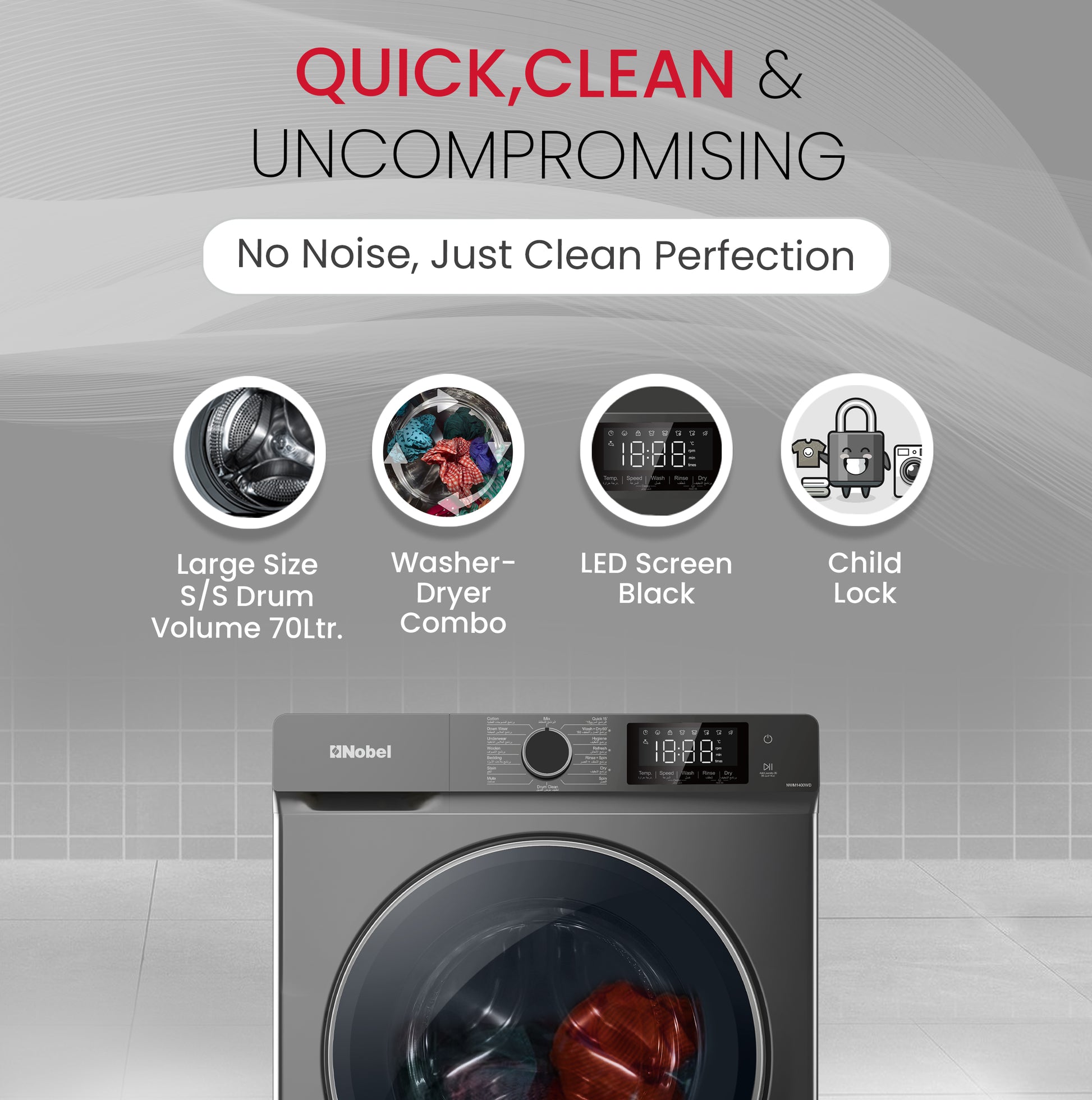 Front Load Washer-Dryer 12 KG Capacity, Dial Touch Control Panel with LED Screen - NWM1400WD-3