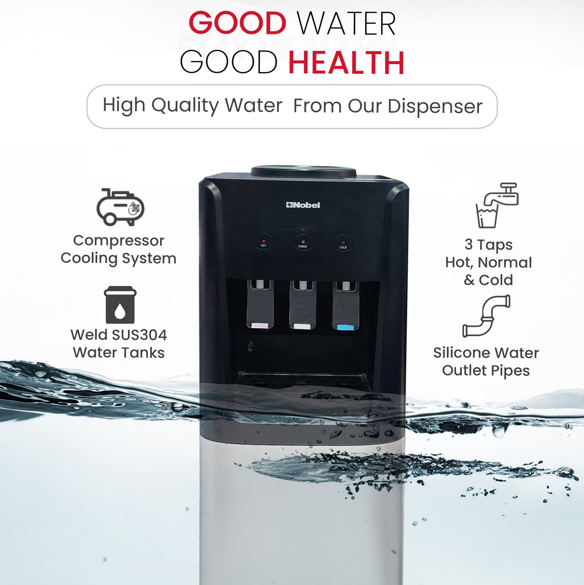 Nobel 3 Tap Top Load Water Dispenser Black and Silver NWD1607-4