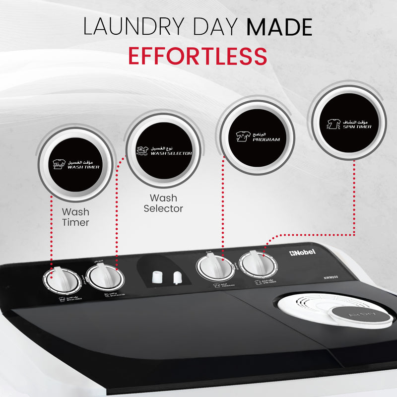 Semi-Automatic Twin Tub Washing Machine 7.0Kg Wash /5.5Kg Spin Capacity Efficient Washer - NWM800-4