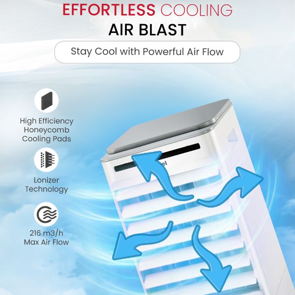 Nobel Air Cooler, 6L Water Tank, 3-Speed, Ionizer, Auto Swing, 7.5H Timer, Efficient Cooling, Purified Air, Swing Oscilations, Compact Design with Remote NAC30R White-4