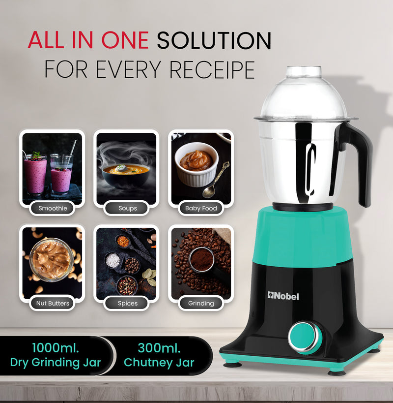 Nobel 3 in 1 Mixer Grinder, Powerful Motor, Wet Grinding Jar, Dry Grinding Jar, Chutney Jar, 3 Speed Control, Pulse Function, Stainless Steel Jars & Blades, Made in India NB301SS-4