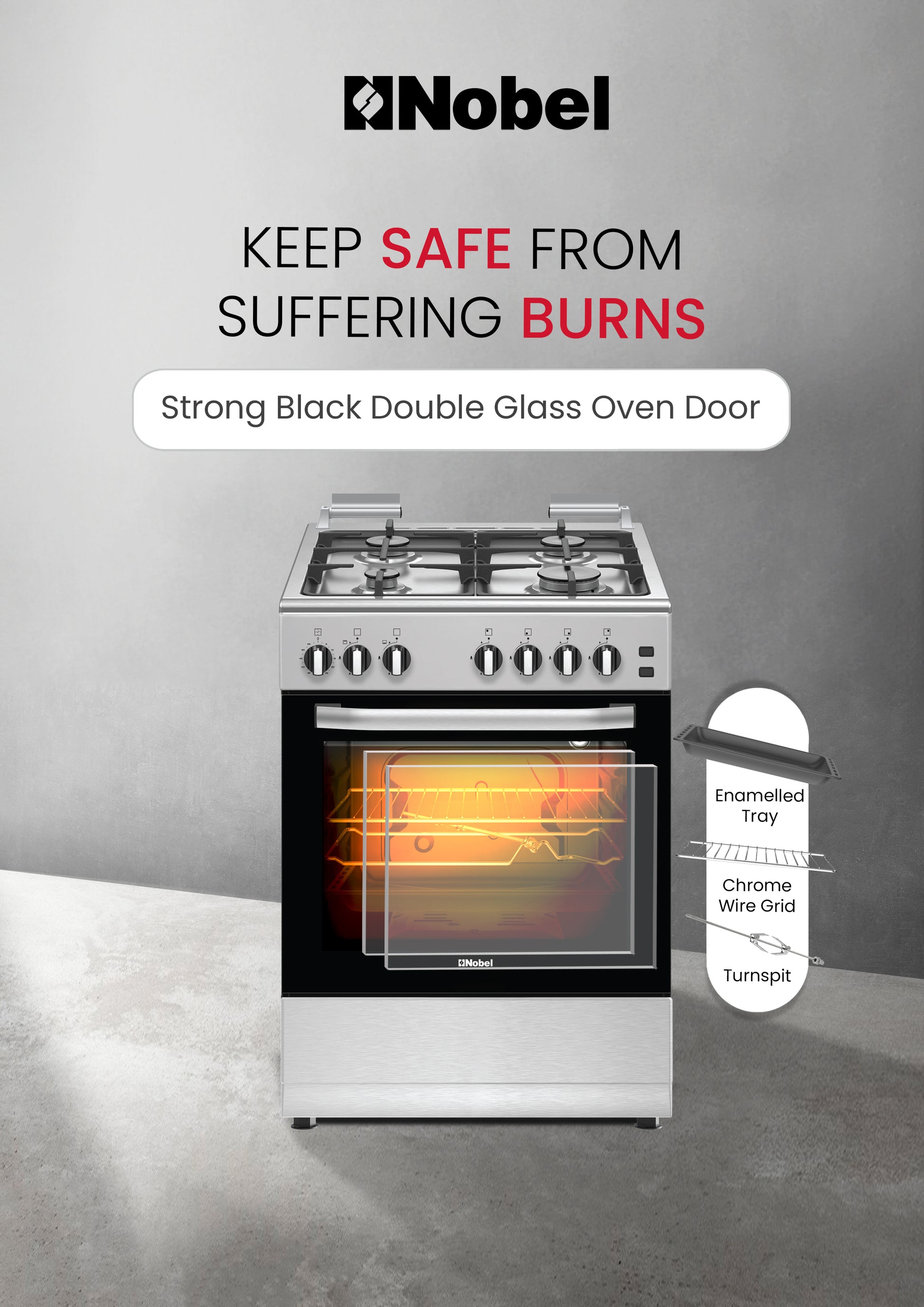 60x60 Free Standing Gas Cooker with Gas Oven & Grill 4 Gas Burners, Full Safety, Made in Turkey - NGC6062-4