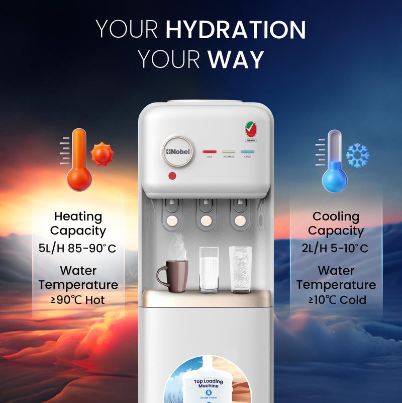 Nobel Freestanding 3 Taps Water Dispenser with Hot, Normal & Cold Taps, Compressor Cooling, Storage Cabinet - NWD1608 White-4