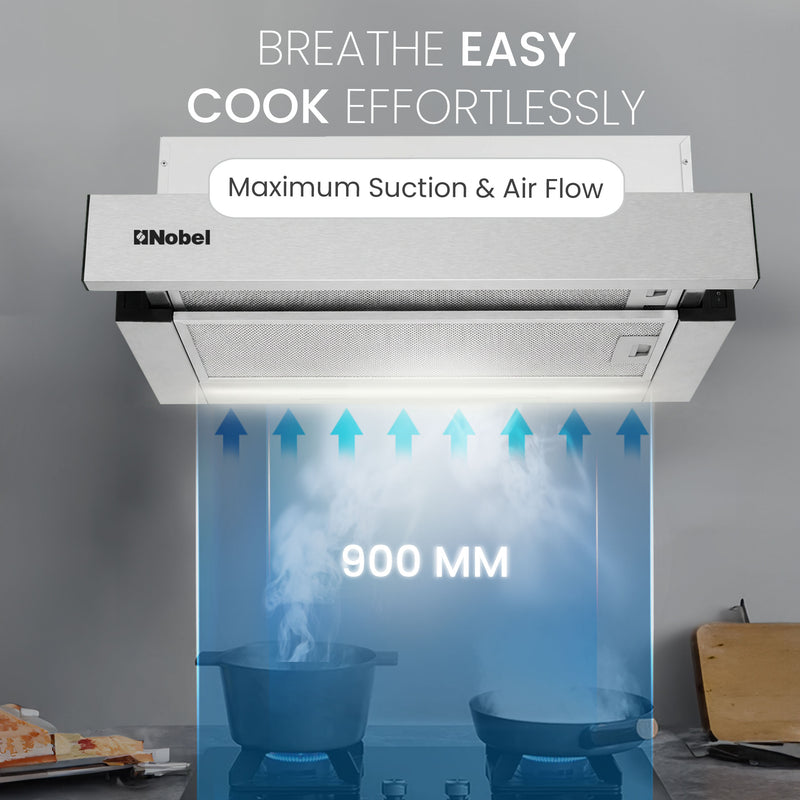 Nobel RANGE HOOD 90cm Built-in Hoods, 2 Speed Rocker Switch 3-Layer Aluminum Filter(2pcs) Slider Hood SS430+Galvanized Plate Box NCHP90ST-4