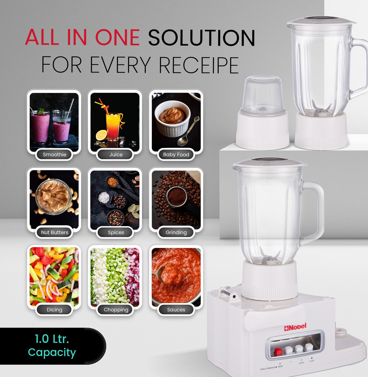 Nobel 10 in 1 Juicer Food Factory with 1 Litres Piano Switch Multi Speed Knob Switch and Citrus Juicer Kubbe Maker - NFP888 White-4