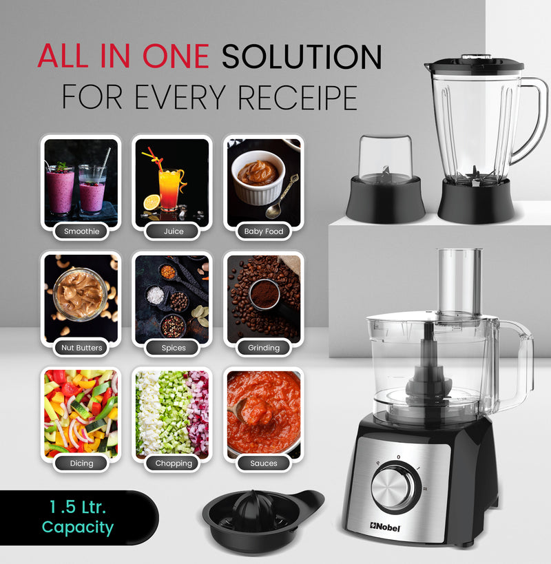 NOBEL 10 in 1 Juicer Food Factory 1.5 Litre 800W 2 Speed - Pulse 3 Cutting Plates Over Heat Protection Anti Slip Feet NFP777E Black with 1 Year Warranty-4