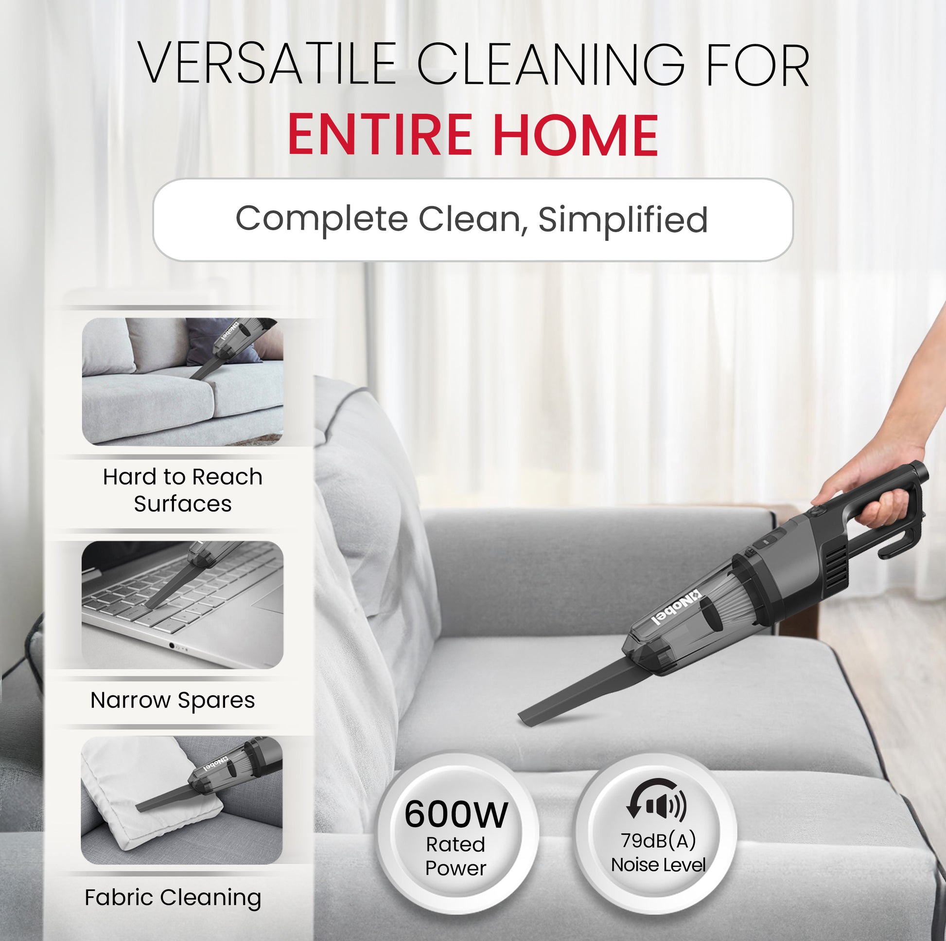 Nobel 2 in 1 Handheld Stick Vacuum Cleaner, Lightweight, Powerful Suction 600W 18 kPa Vacuum, 18 L/s Airflow, 20% Max Efficiency with Hepa Filter & 0.6L Dust Tank Capacity NVC19T Back-5